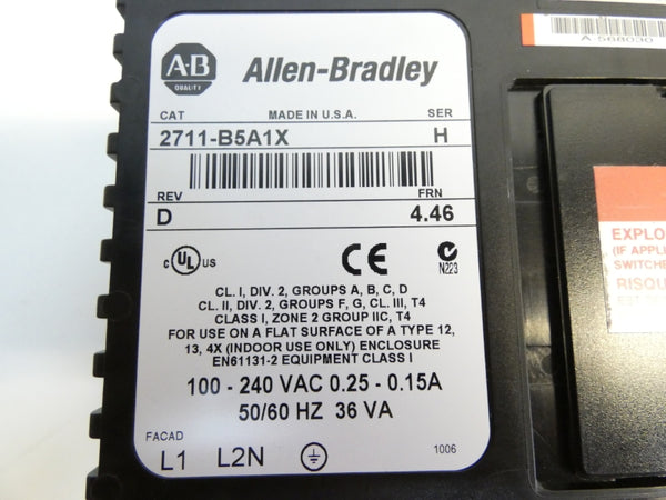ALLEN BRADLEY 2711-B5A1X SER. H F/W 4.46 REV. D 100-240VAC 0.25-0.15A REMAN
