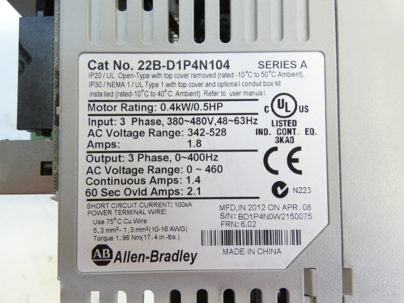 ALLEN BRADLEY 22B-D1P4N104 SER. A 380-480V 1.8A (AS IS) NSNP