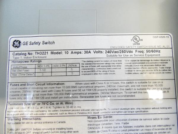 GENERAL ELECTRIC TH3221 250VDC 30A NSMP