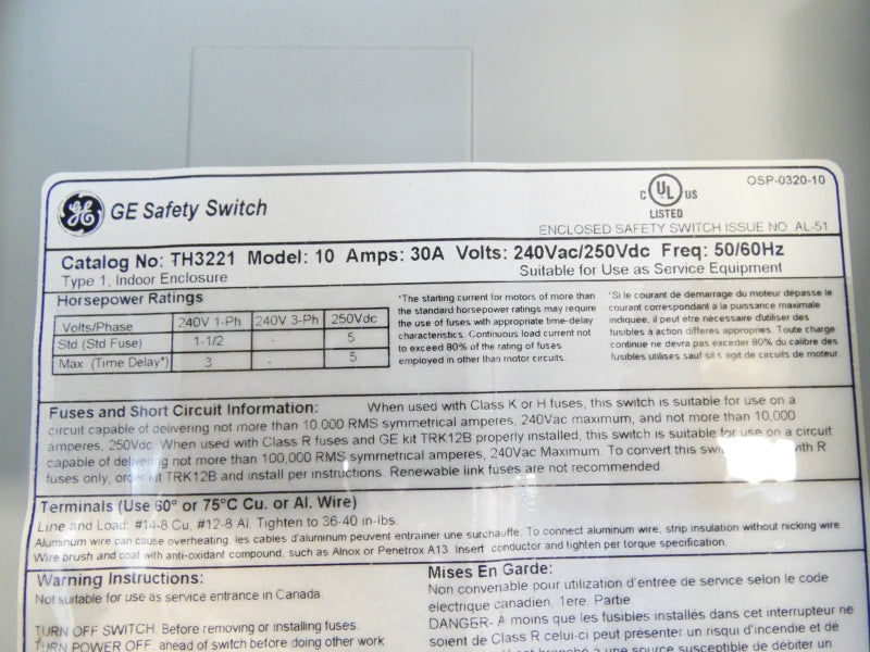 GENERAL ELECTRIC TH3221 250VDC 30A NSMP