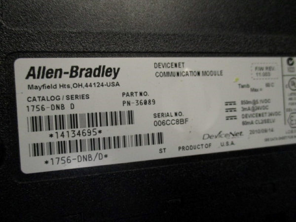 ALLEN BRADLEY 1756-DNB COMMUNICATION MODULE SER. D F/W: 11.003  UNMP