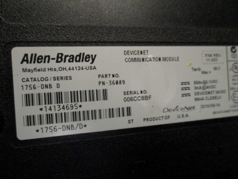 ALLEN BRADLEY 1756-DNB COMMUNICATION MODULE SER. D F/W: 11.003  UNMP