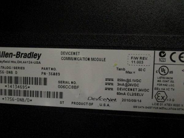 ALLEN BRADLEY 1756-DNB COMMUNICATION MODULE SER. D F/W: 11.003  UNMP