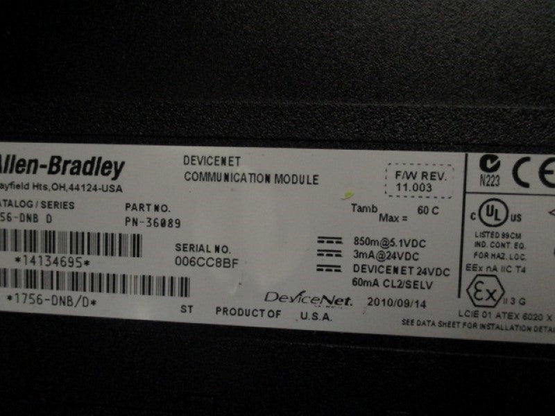 ALLEN BRADLEY 1756-DNB COMMUNICATION MODULE SER. D F/W: 11.003  UNMP