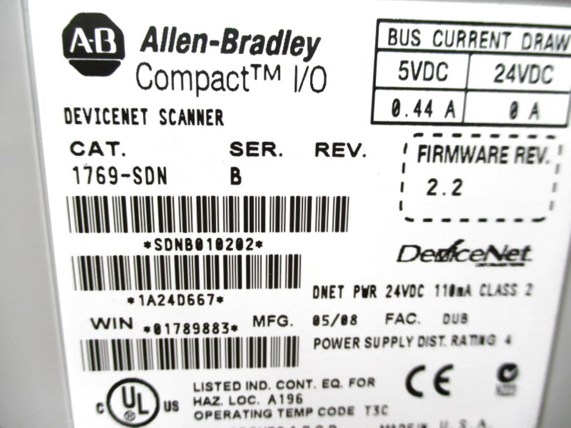 ALLEN BRADLEY 1769-SDN SER. B F/W 2.2 24VDC 0.44A NSMP