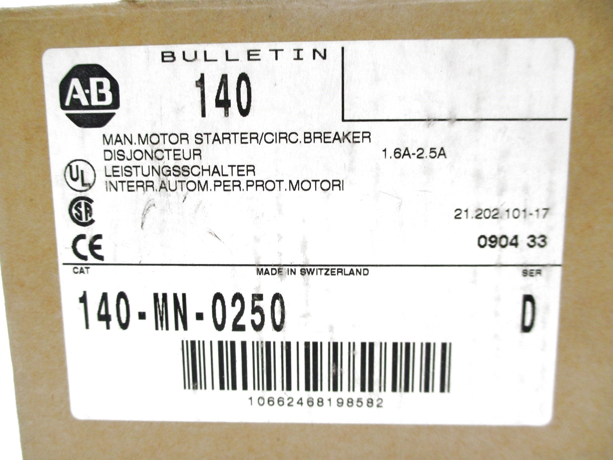 ALLEN BRADLEY 140-MN-0250 SER. D 600V 1.6-2.5A (BR/WH) NSMP
