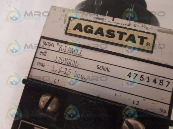 AGASTAT 7012ACLL TIMING RELAY 1.5-15 SEC. 120V UNMP