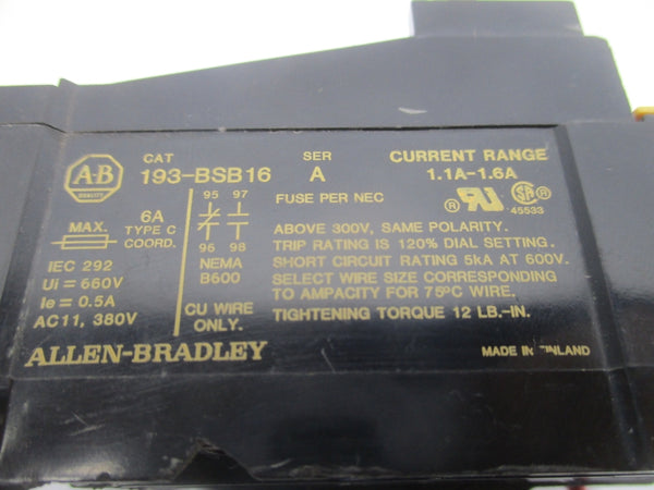 ALLEN BRADLEY 193-BSB16 SER. A 660V 1.1-1.6A  (AS PICTURED) UNMP