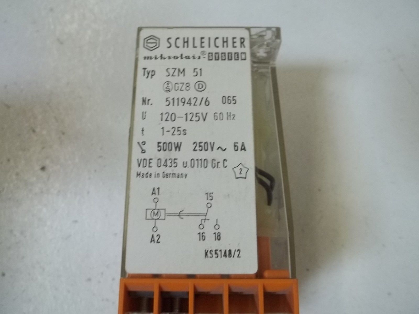 SCHLEIDCHER SZM 51 RELAY 120-125V 1-25S 500W 250V-5A UNMP