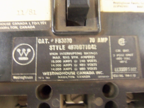 WESTINGHOUSE FB3070 CIRCUIT BREAKER UNMP