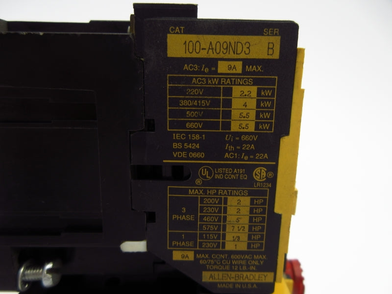 ALLEN BRADLEY 100-A09ND3 193-BSB22 SER. B 600VAC 9A UNMP