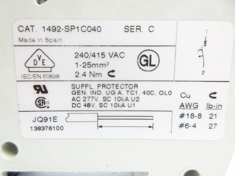ALLEN BRADLEY 1492-SP1C040 SER. C 240/415VAC 4A NSMP