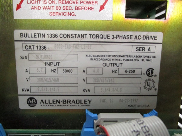 ALLEN BRADLEY 1336-B003-EAD-FA2-L3-S1 SER. A 460VAC 4.5A UNMP