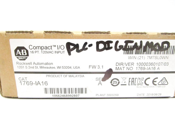 ALLEN BRADLEY 1769-IA16 SER. A 120VAC F/W 3.1 DATE: 2019 NSFS