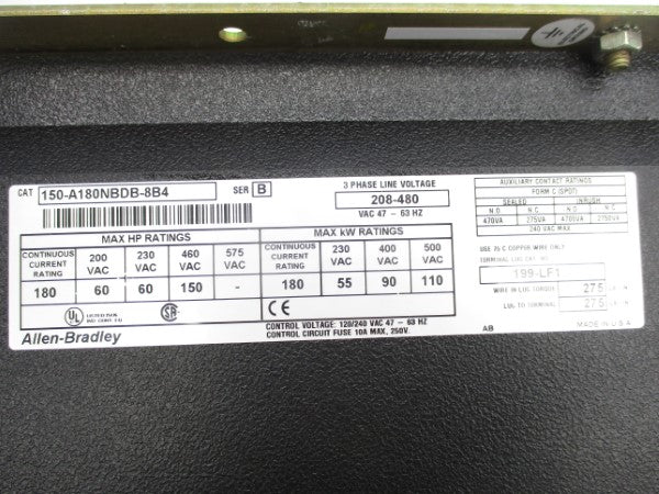 ALLEN BRADLEY 150-A180NBDB-8B4 SER. B 208-480VAC 180A UNMP