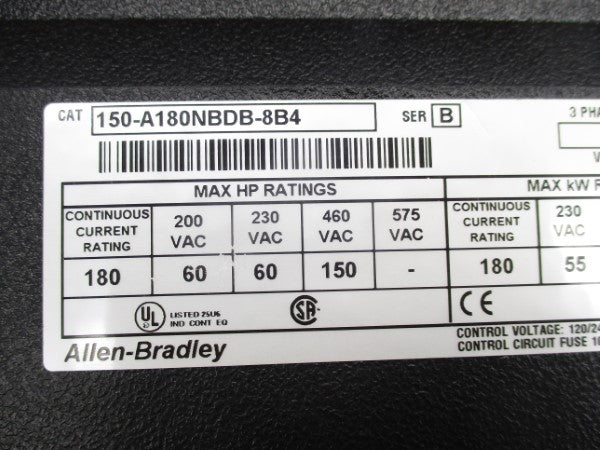 ALLEN BRADLEY 150-A180NBDB-8B4 SER. B 208-480VAC 180A UNMP