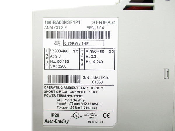 ALLEN BRADLEY 160-BA03NSF1P1 SER. C F/W 7.04 (BR/WH) NSMP