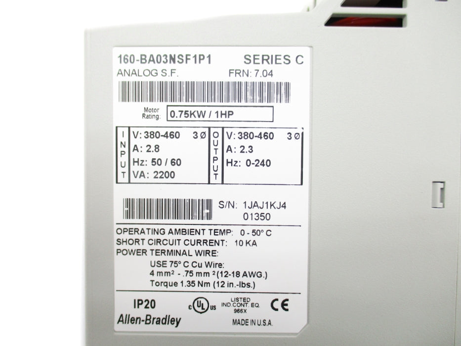 ALLEN BRADLEY 160-BA03NSF1P1 SER. C F/W 7.04 (BR/WH) NSMP