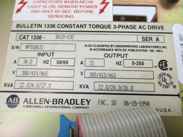 ALLEN BRADLEY 1336-B020-E0E SER. A 460V 34.0A UNMP
