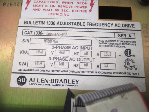 ALLEN BRADLEY 1336-B007-FAD-FA2 SER. A 460V 13.3A UNMP