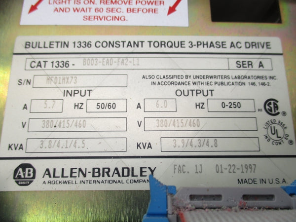 ALLEN BRADLEY 1336-B003-EAD-FA2-L1 SER. A 380/415/460V 6.0A UNMP