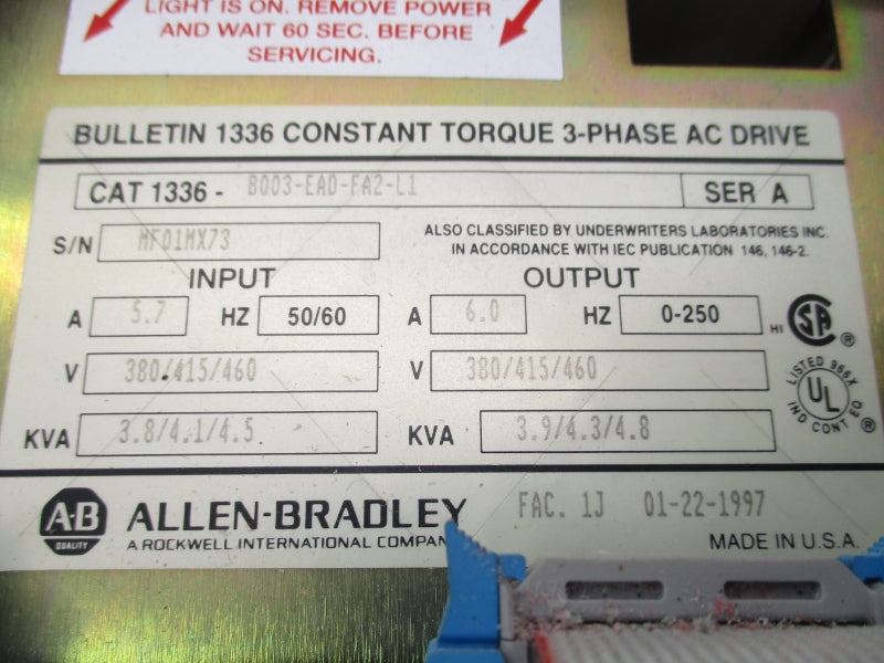 ALLEN BRADLEY 1336-B003-EAD-FA2-L1 SER. A 380/415/460V 6.0A UNMP