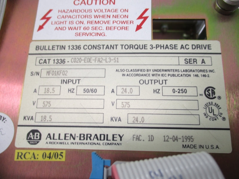 ALLEN BRADLEY 1336-C020-E0E-FA2-L3-S1 SER. A 575V 24.0A UNMP