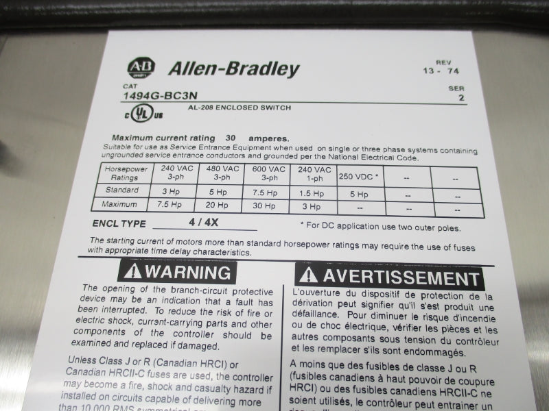 ALLEN BRADLEY 1494G-BC3N SER. 2 600VAC 30A NSNP