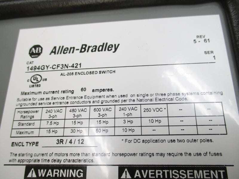 ALLEN BRADLEY 1494GY-CF3N-421 SER. 1 600VAC 60A NSNP