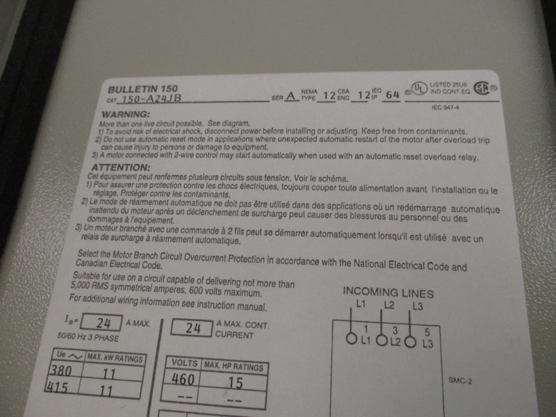 ALLEN BRADLEY 150-A24JB SER. A 460V 24A NSNP