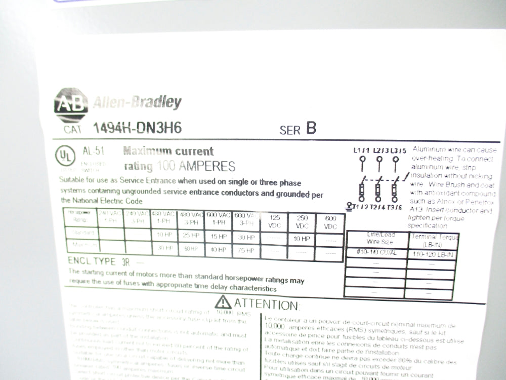 ALLEN BRADLEY 1494H-DN3H6 SER. B NSMP