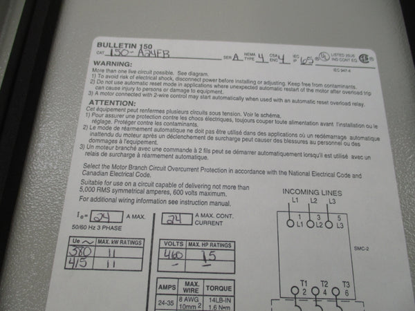 ALLEN BRADLEY 150-A24FB SER. A 460V 15A NSMP
