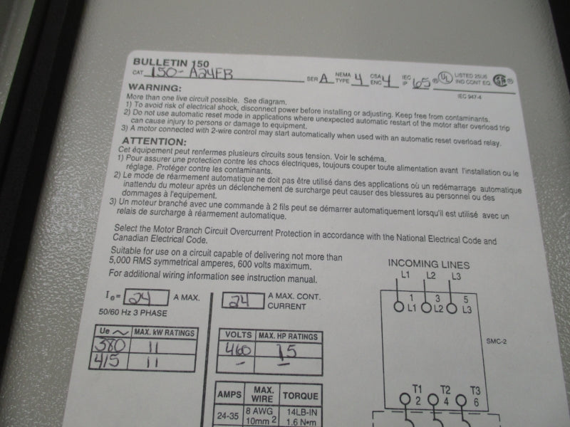 ALLEN BRADLEY 150-A24FB SER. A 460V 15A NSMP