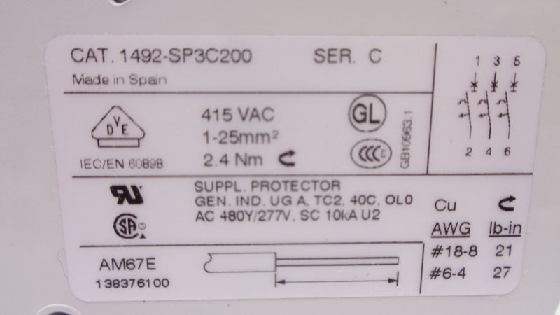 ALLEN BRADLEY 1492-SP3C200 SER. C 20A 415VAC NSMP