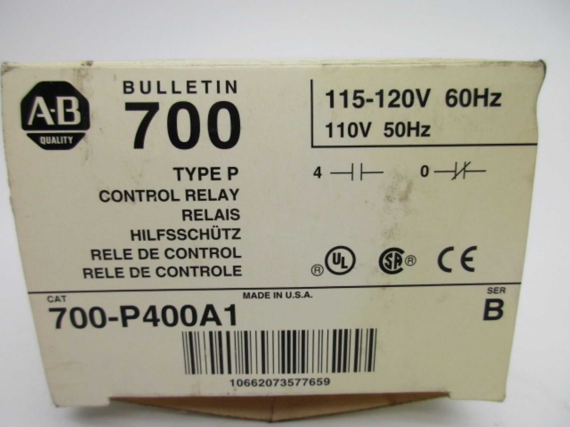 ALLEN BRADLEY 700-P400A1 SER. B 110/115-120V 10A (WH) NSMP