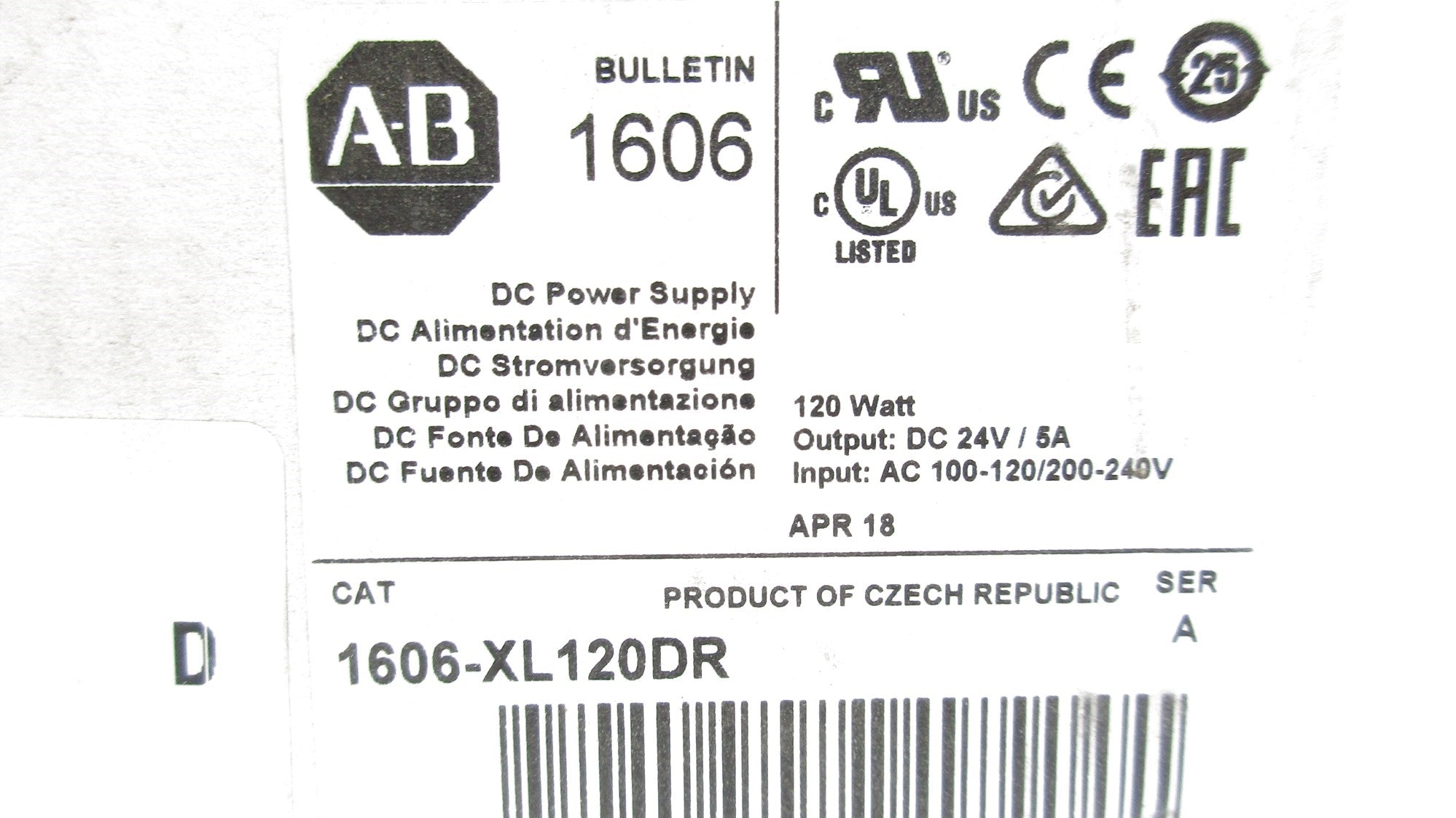 ALLEN BRADLEY 1606-XL120DR SER. A 100-120/200-240V 1.4/2.6A NSMP