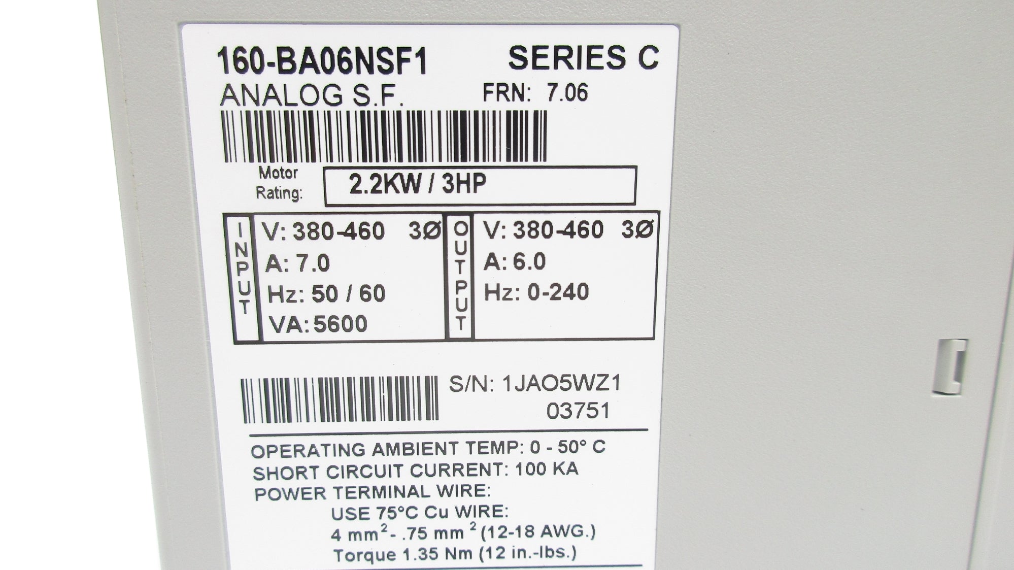 ALLEN BRADLEY 160-BA06NSF1 SER. C F/W 7.06 380-460V 7.0A (BR/WH) NSMP
