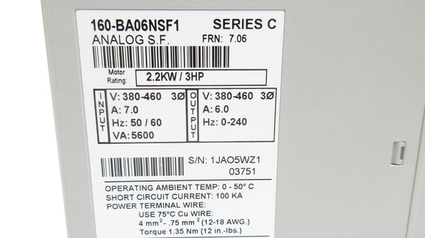 ALLEN BRADLEY 160-BA06NSF1 SER. C F/W 7.06 380-460V 7.0A (BR/WH) NSMP