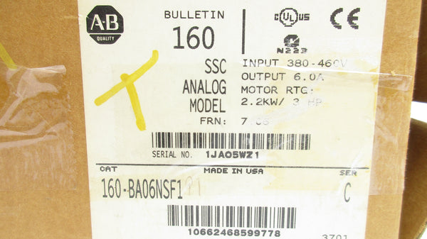 ALLEN BRADLEY 160-BA06NSF1 SER. C F/W 7.06 380-460V 7.0A (BR/WH) NSMP
