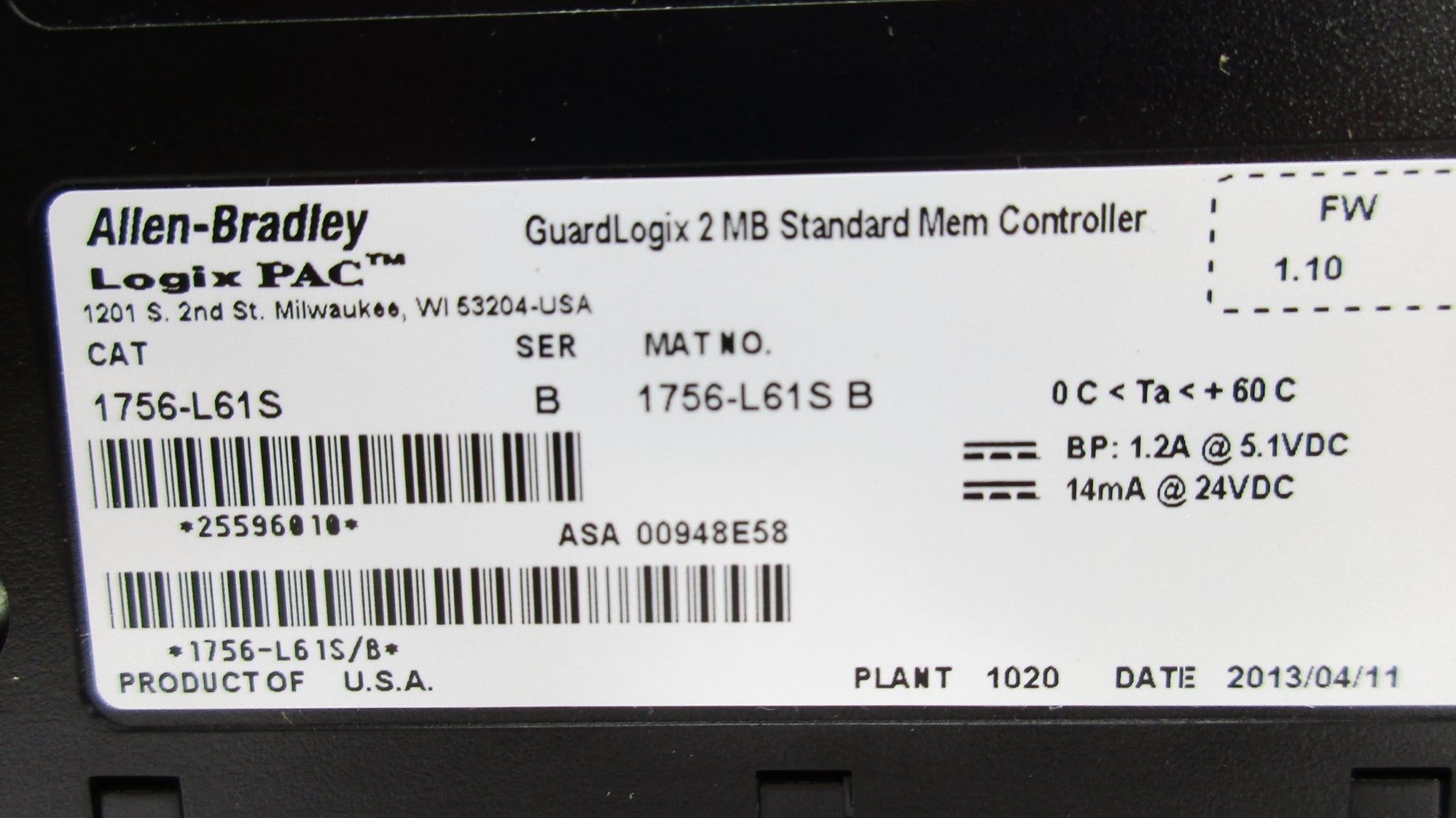 ALLEN BRADLEY 1756-L61S SER. B F/W 1.10 24VDC NSMP