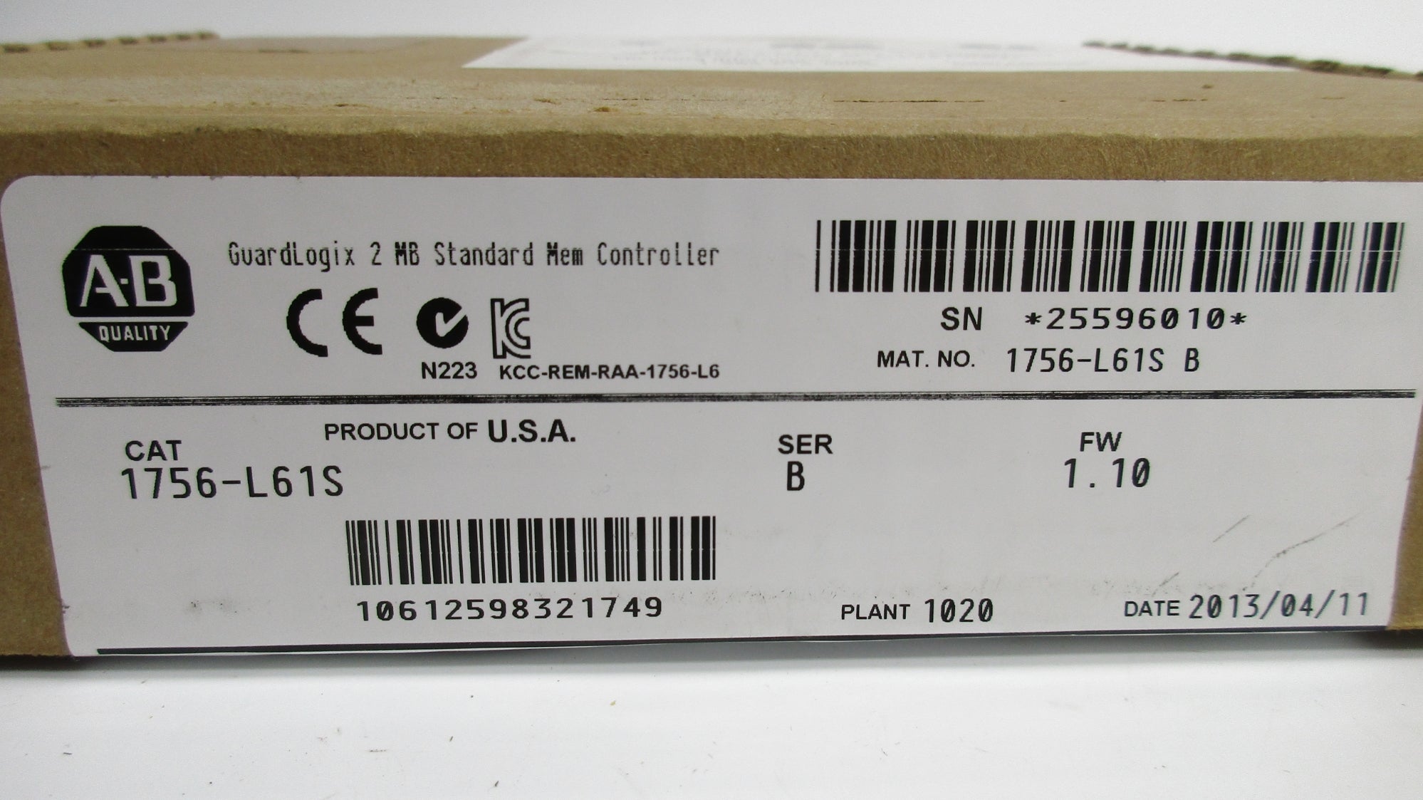 ALLEN BRADLEY 1756-L61S SER. B F/W 1.10 24VDC NSMP