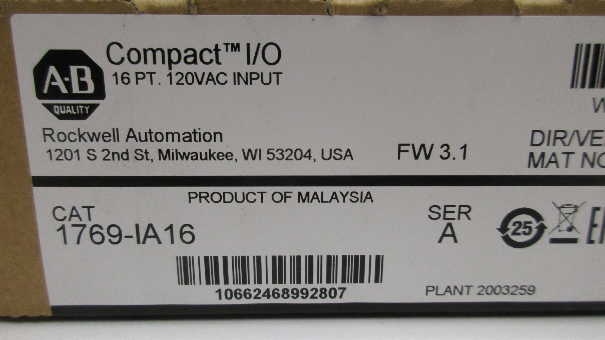 ALLEN BRADLEY 1769-IA16 SER. A 120VAC F/W 3.1 DATE: 2018 NSFS