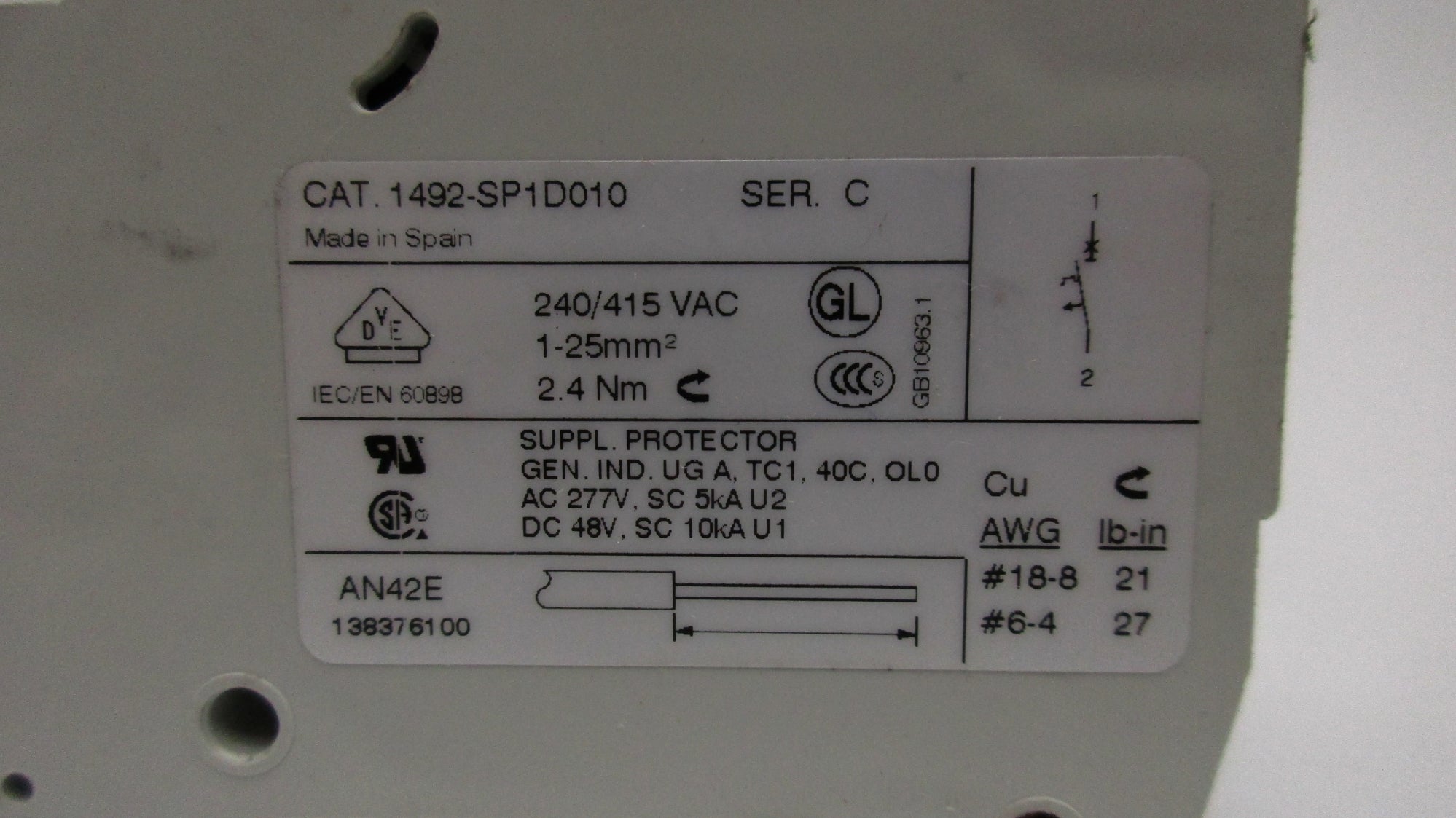 ALLEN BRADLEY 1492-SP1D010 SER. C 277VAC 1A NSNP