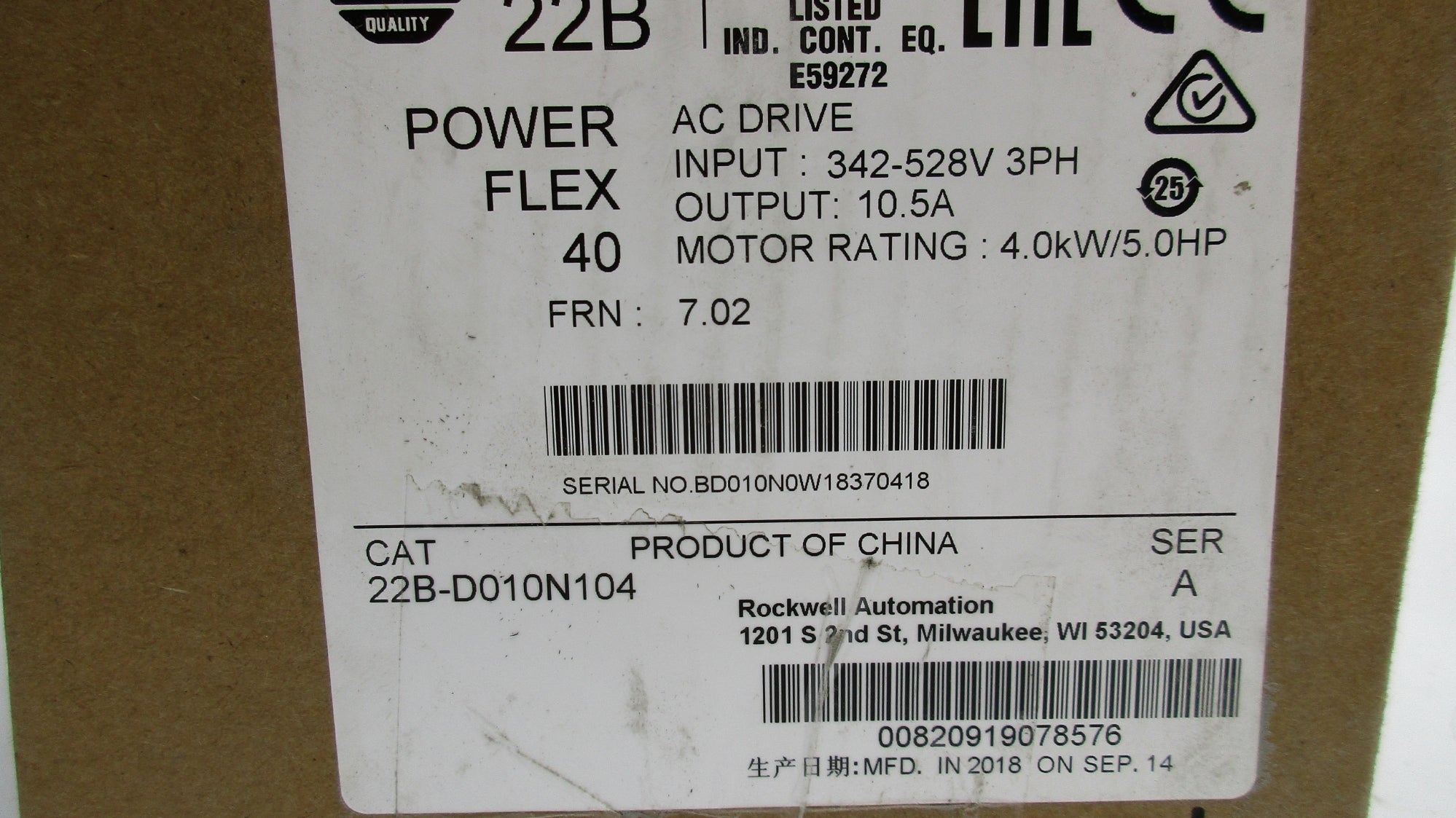 ALLEN BRADLEY 22B-D010N104 SER. A F/W 7.02 342-528VAC 13.0A NSMP