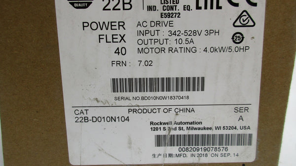 ALLEN BRADLEY 22B-D010N104 SER. A F/W 7.02 342-528VAC 13.0A NSMP