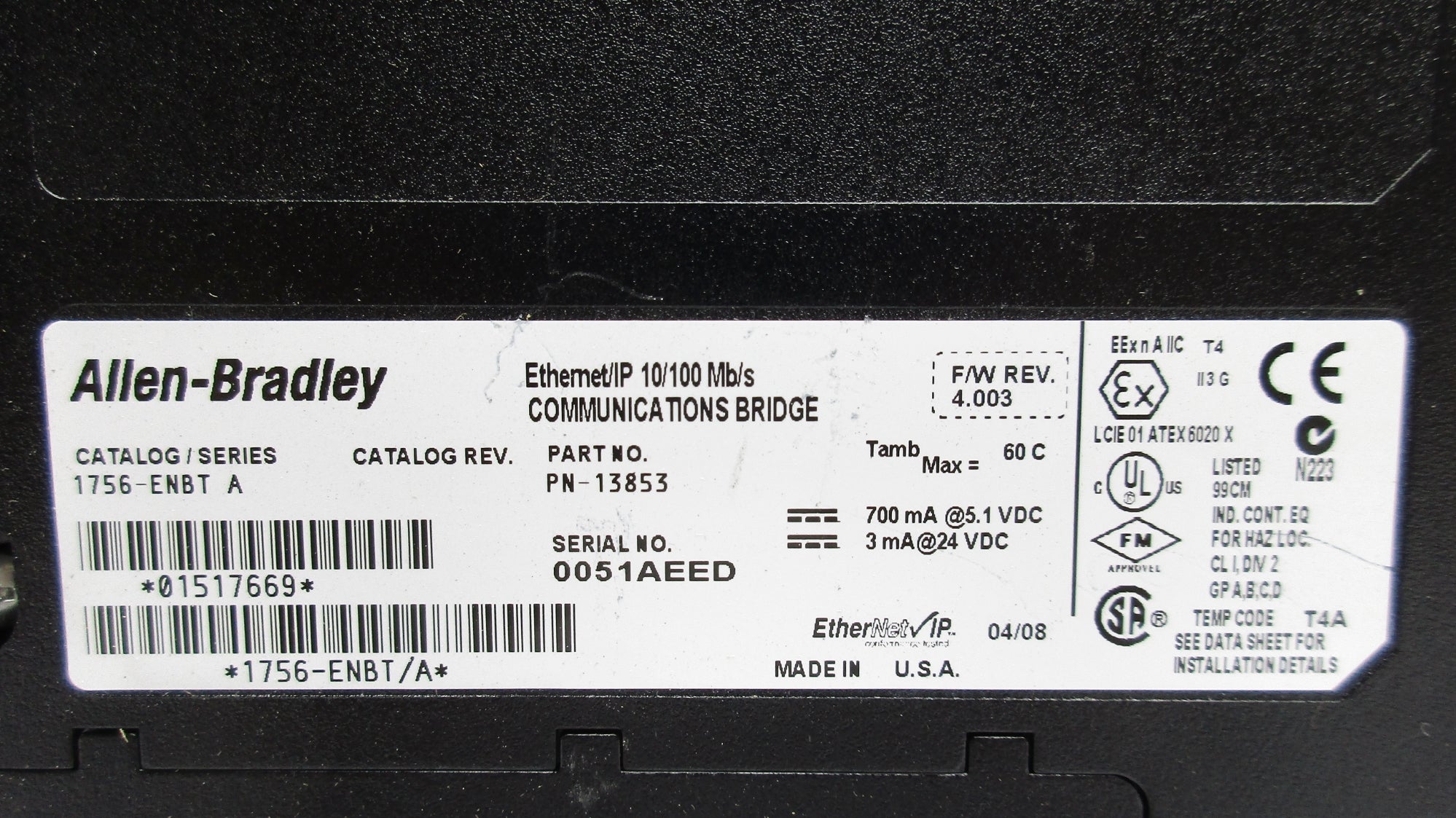ALLEN BRADLEY 1756-ENBT SER. A F/W 4.003 24VDC NSNP