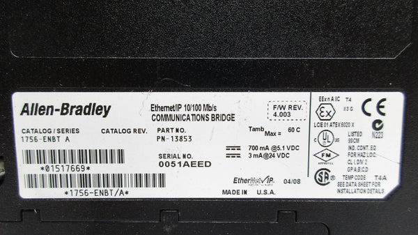 ALLEN BRADLEY 1756-ENBT SER. A F/W 4.003 24VDC NSNP