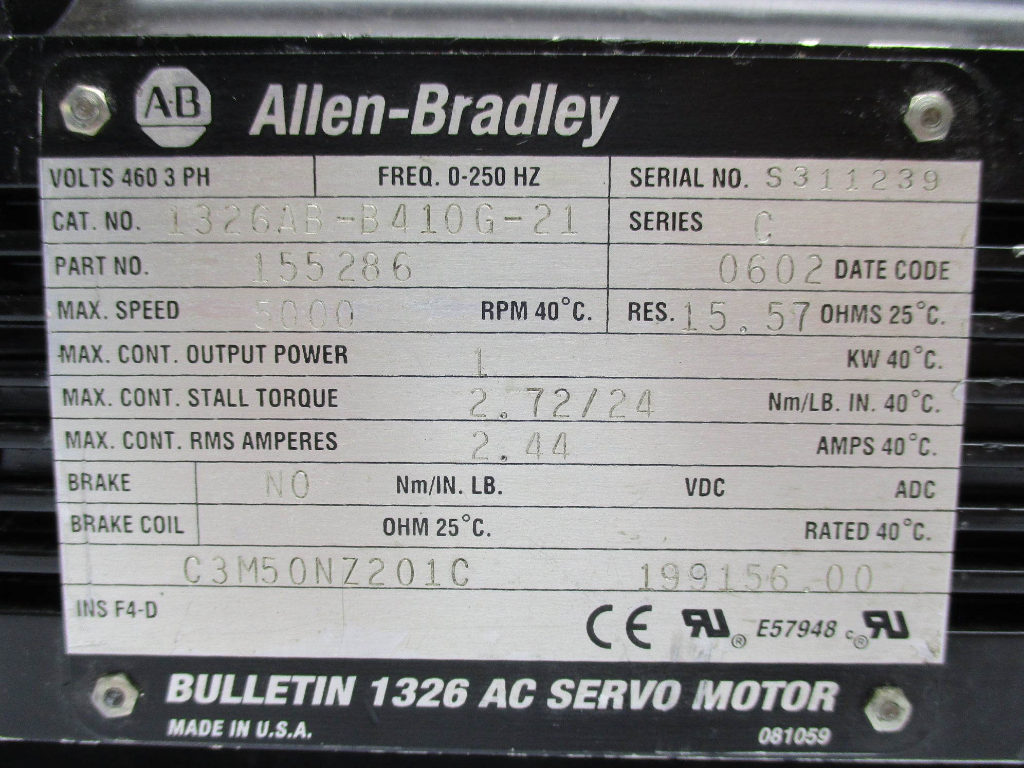 ALLEN BRADLEY 1326AB-B410G-21 SER. C 460V 2.44A UNMP