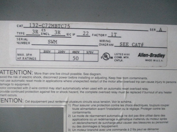 ALLEN BRADLEY 132-C72MBTC75 SER. A NSNP