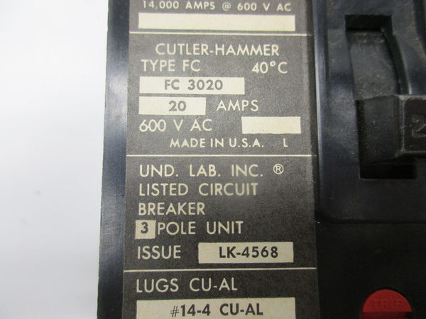 CUTLER HAMMER FC3020 CIRCUIT BREAKER 20A 600VAC  UNMP